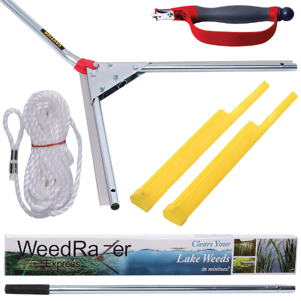 Jenlis Weed Razer Express, Lake Weed Cutter, Compact Aquatic Pond Plant Cutting Tool, Sharp Razor Blades Shear Cattail, Reed, Phragmites Lilly & Chara Algae, 30” Inch Cut Width, 25 Foot Throw Rope