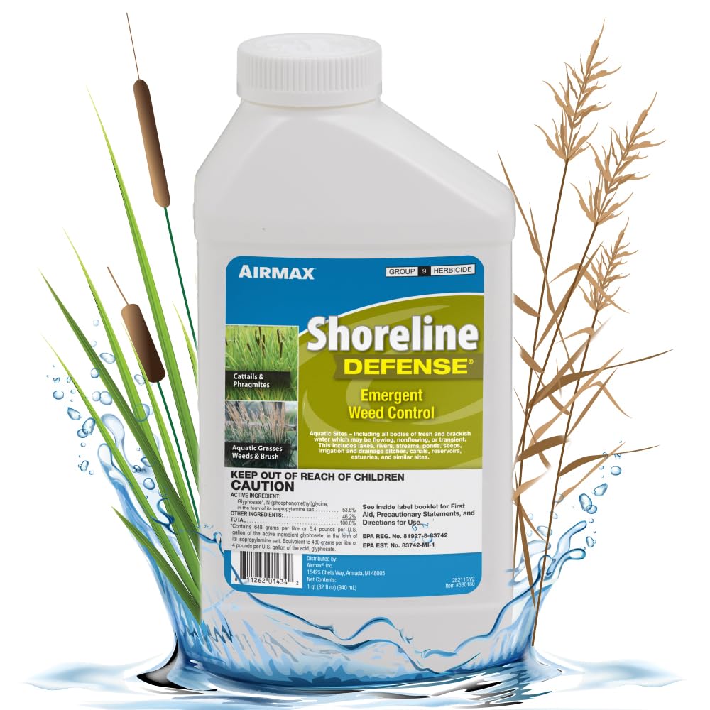 Airmax Shoreline Defense Emergent Weed Control Concentrated Treatment, Aquatic Herbicide (Glyphosate) for Phragmites, Pond Grass & Cattails, 1 Quart