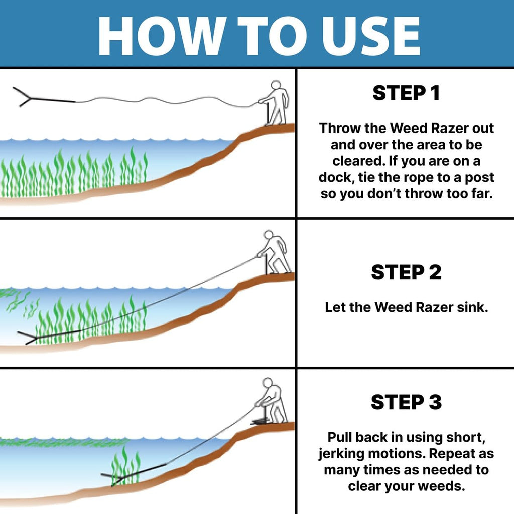 Jenlis Weed Razer Express, Lake Weed Cutter, Compact Aquatic Pond Plant Cutting Tool, Sharp Razor Blades Shear Cattail, Reed, Phragmites Lilly & Chara Algae, 30” Inch Cut Width, 25 Foot Throw Rope