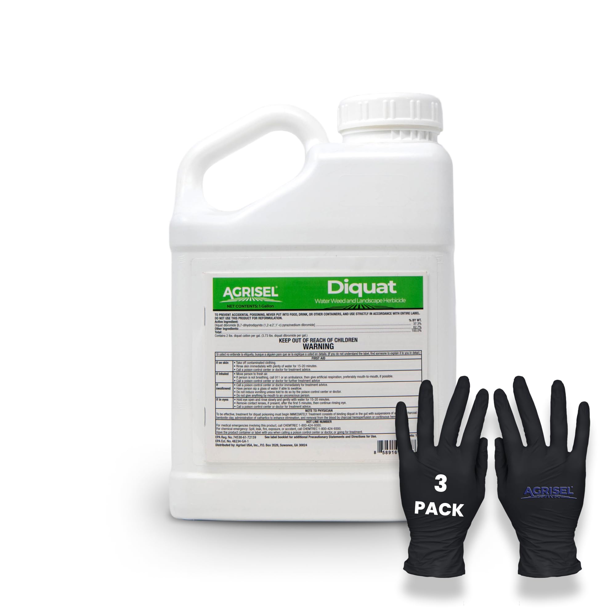 Diquat Weed Killer, Fast-Acting Formula for Aquatic and Landscape Weeds, Safe on Ornamentals, Visible Results in 1-2 Days, Pet Safe, Includes 3-Pack of Agrisel Protective Gloves, 128 Ounces