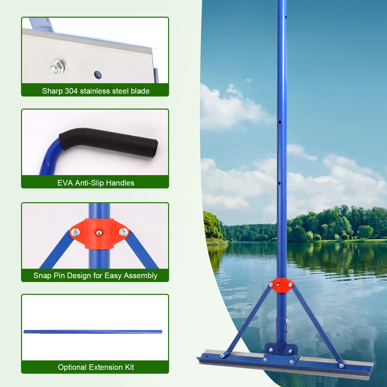 Tough Weed Removal Tool,Weed Cutter ,24" Weed Killer , Aquatic Plant Cutting Tool,11 Foot Three Sections Aluminium Handle ,Aquatic rake with Stainless Steel Blades Shear Cattail, Reed, Lily Pads