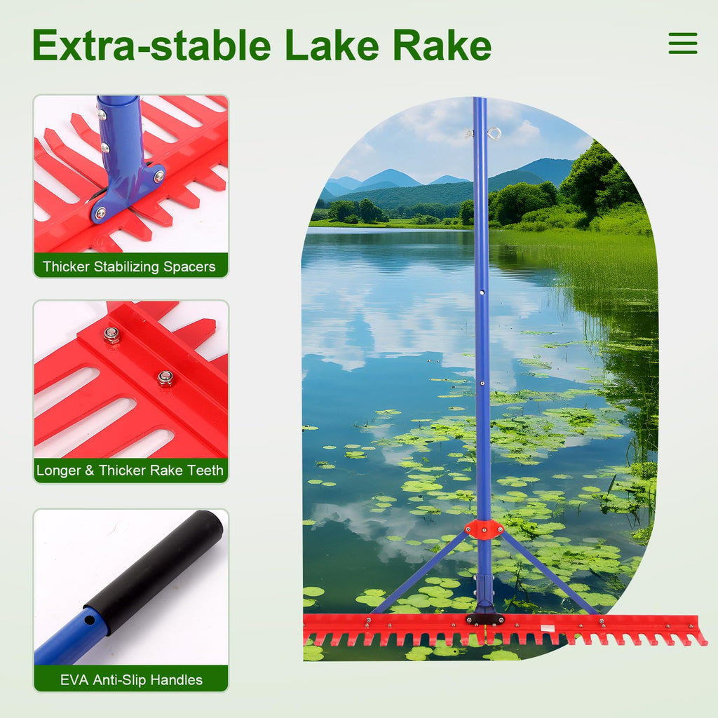 Pond Rake,39 inch Pond Weed rake,Heavy Duty Collapsible Lake Rake, Aquatic Weed Rake with Alloy Tines , Floating Lake for Removal of Weeds Leaves & Floating Scum ,Pond rake for Outdoor Ponds