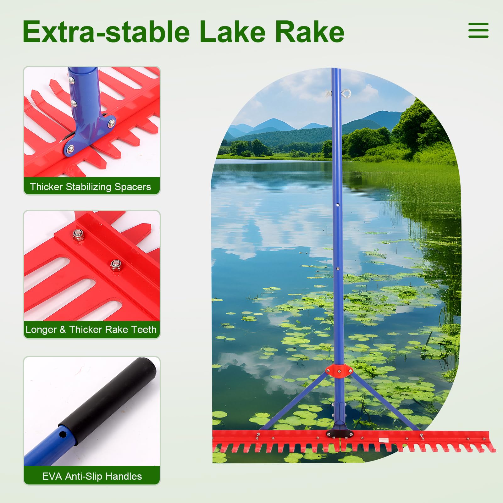 Pond Rake,39 inch Pond Weed rake,Heavy Duty Collapsible Lake Rake, Aquatic Weed Rake with Alloy Tines , Floating Lake for Removal of Weeds Leaves & Floating Scum ,Pond rake for Outdoor Ponds