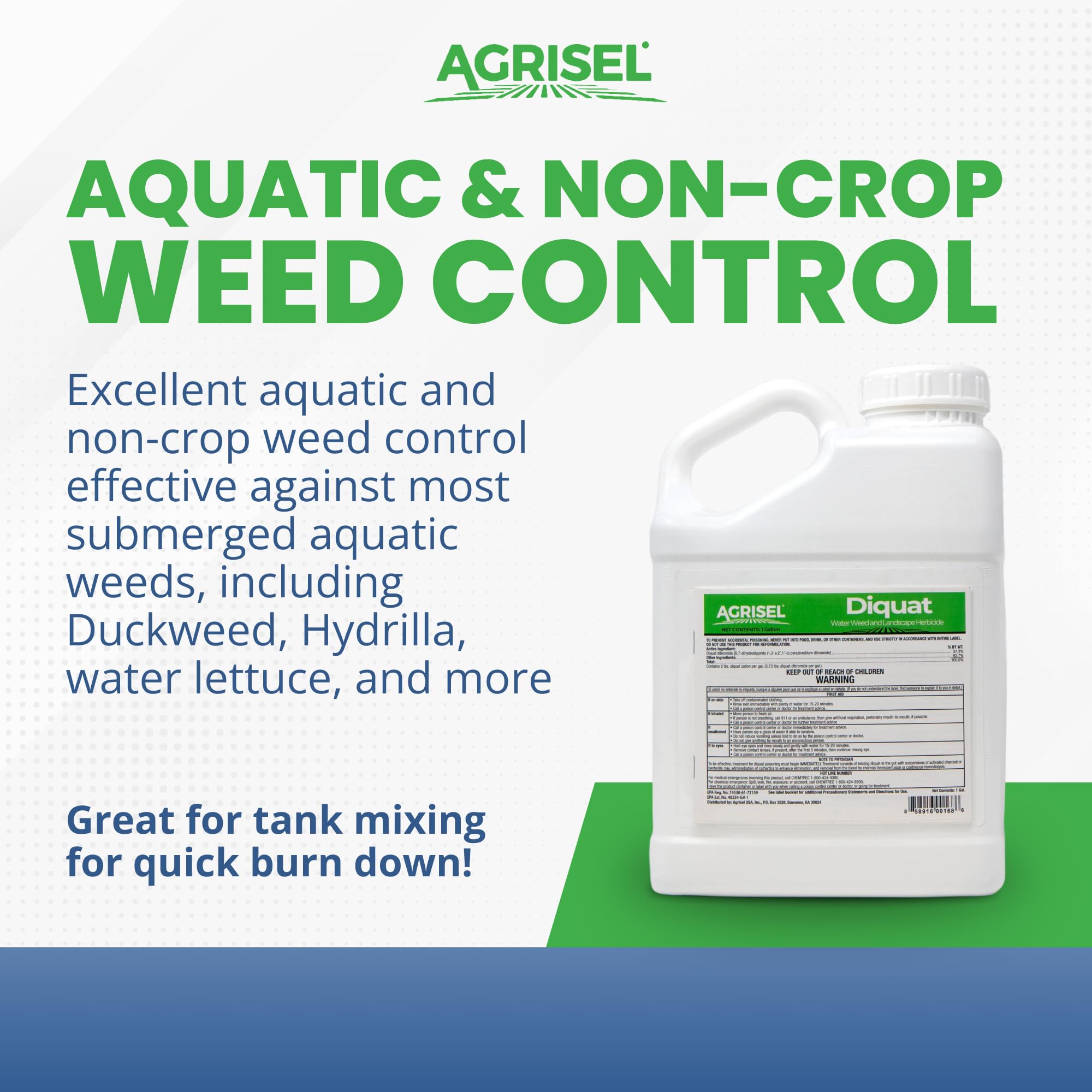 Diquat Weed Killer, Fast-Acting Formula for Aquatic and Landscape Weeds, Safe on Ornamentals, Visible Results in 1-2 Days, Pet Safe, Includes 3-Pack of Agrisel Protective Gloves, 128 Ounces