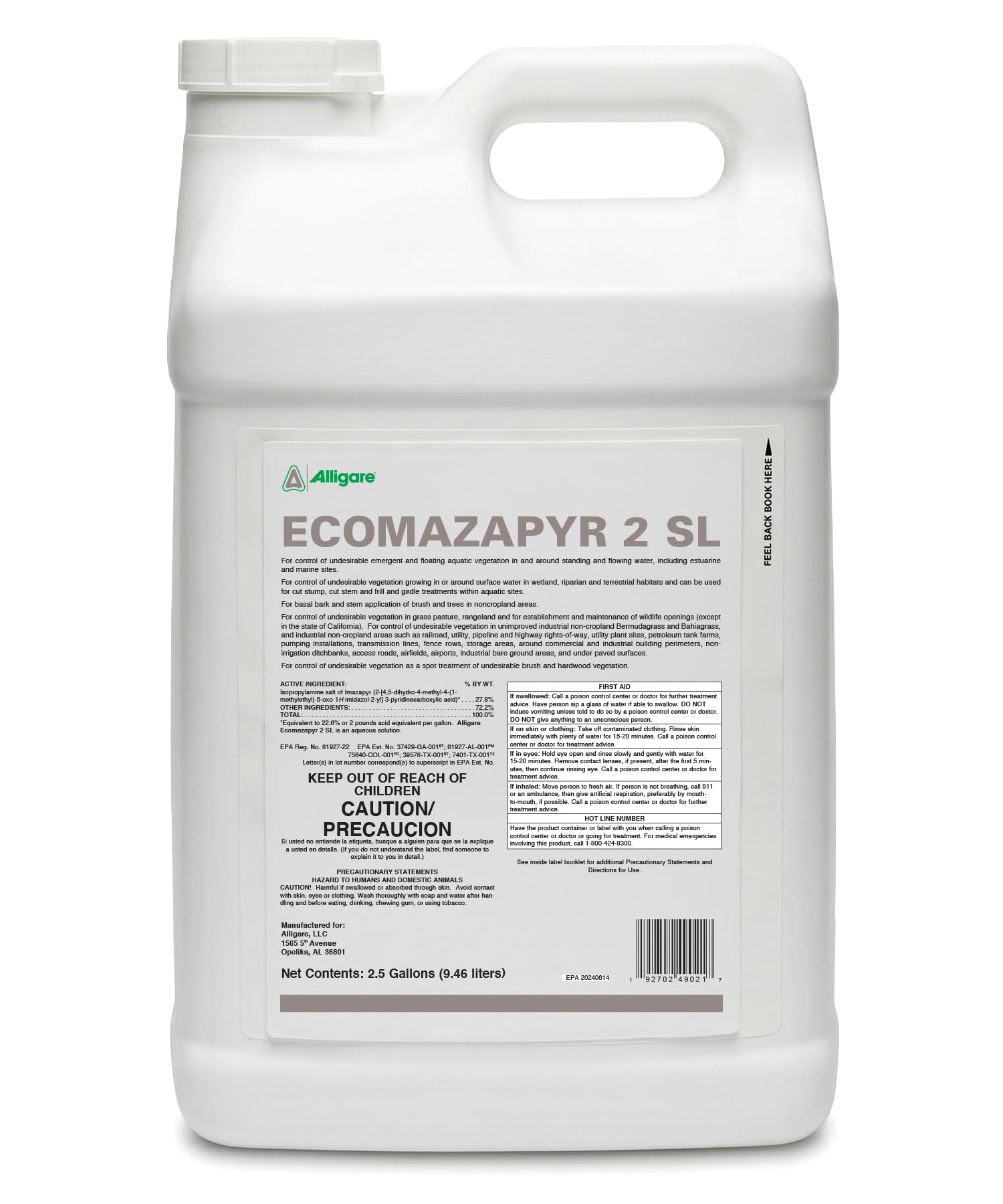 Alligare Ecomazapyr 2 SL Herbicide - Broad-Spectrum Brush & Weed Killer for Aquatic/Terrestrial Areas - Grass and Weed killer for Trees, Brush, Emergent Aquatic Vegetation - 27.8% Imazapyr, 2.5 Gallon