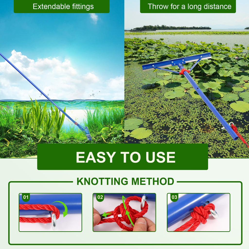 Tough Weed Removal Tool,Weed Cutter ,24" Weed Killer , Aquatic Plant Cutting Tool,11 Foot Three Sections Aluminium Handle ,Aquatic rake with Stainless Steel Blades Shear Cattail, Reed, Lily Pads