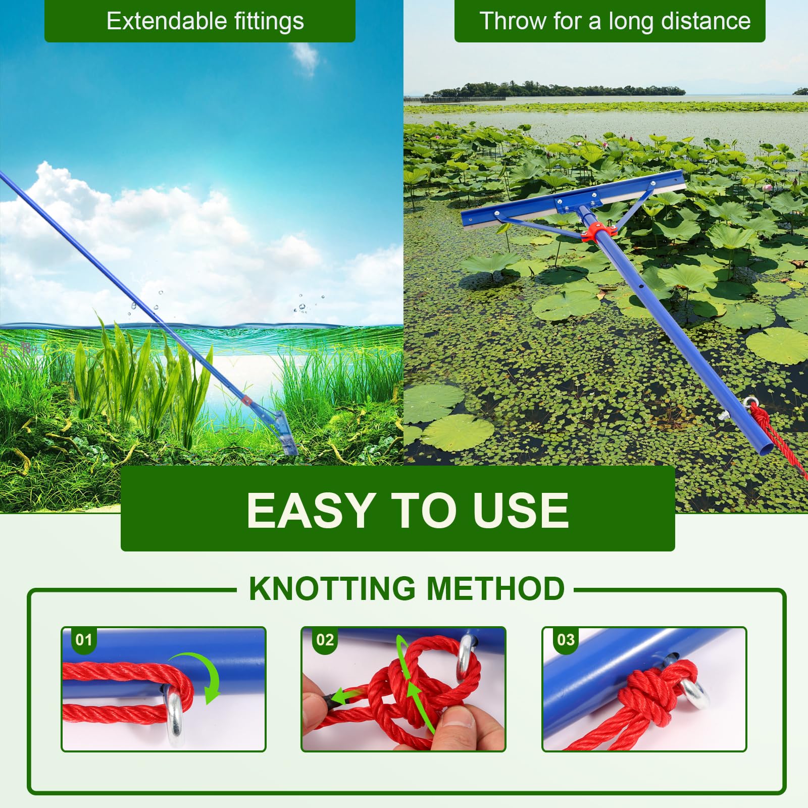 Tough Weed Removal Tool,Weed Cutter ,24" Weed Killer , Aquatic Plant Cutting Tool,11 Foot Three Sections Aluminium Handle ,Aquatic rake with Stainless Steel Blades Shear Cattail, Reed, Lily Pads