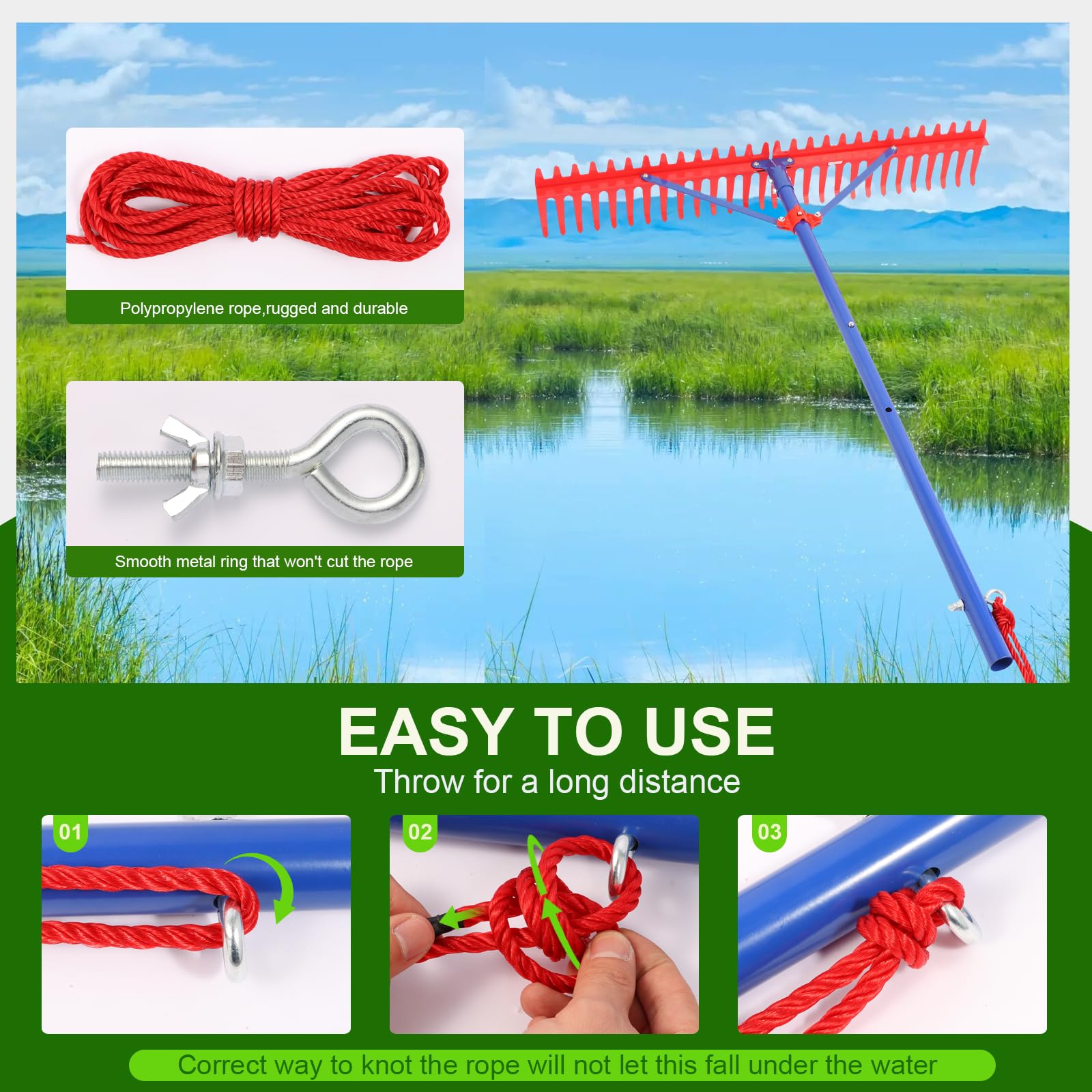 Pond Rake,39 inch Pond Weed rake,Heavy Duty Collapsible Lake Rake, Aquatic Weed Rake with Alloy Tines , Floating Lake for Removal of Weeds Leaves & Floating Scum ,Pond rake for Outdoor Ponds