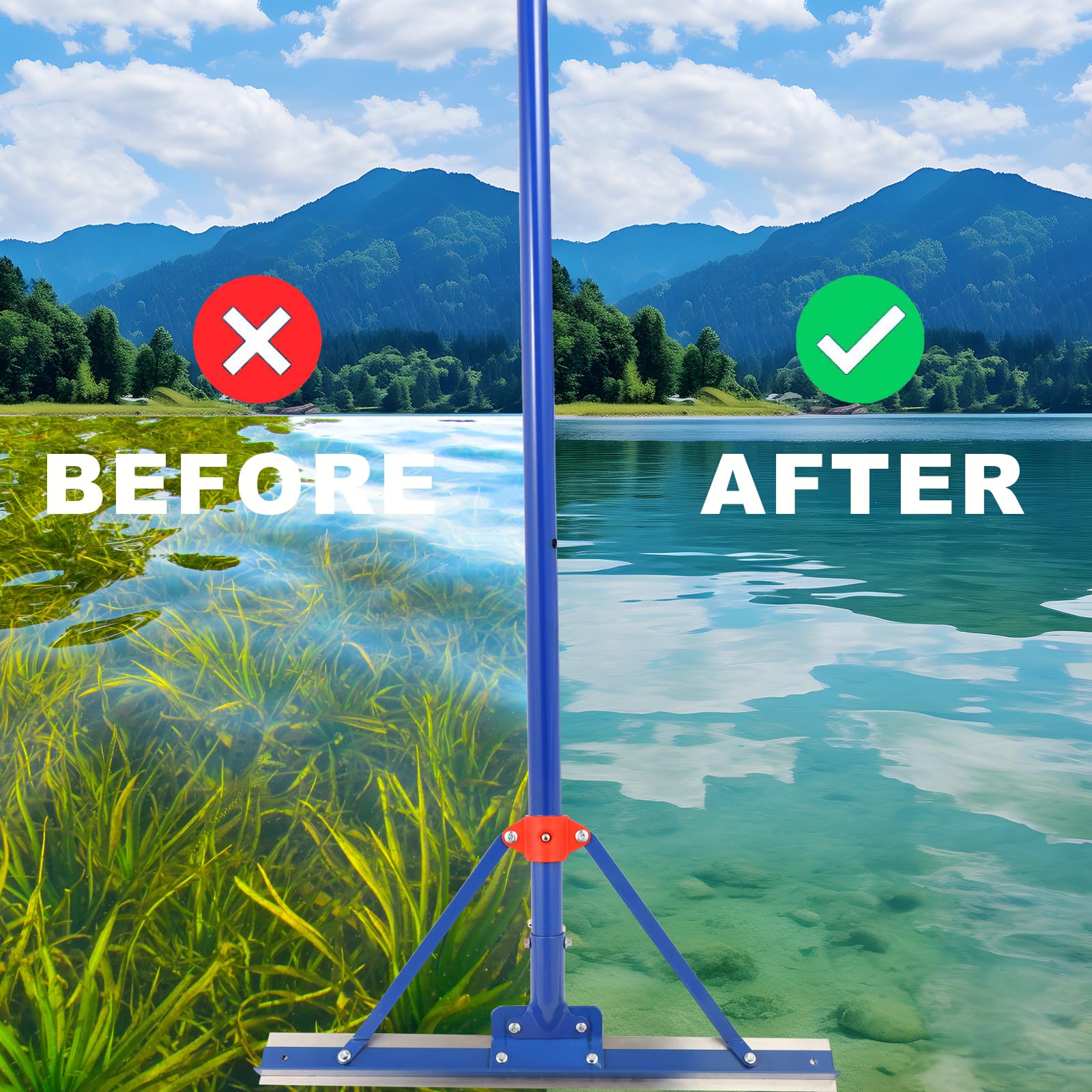 Tough Weed Removal Tool,Weed Cutter ,24" Weed Killer , Aquatic Plant Cutting Tool,11 Foot Three Sections Aluminium Handle ,Aquatic rake with Stainless Steel Blades Shear Cattail, Reed, Lily Pads