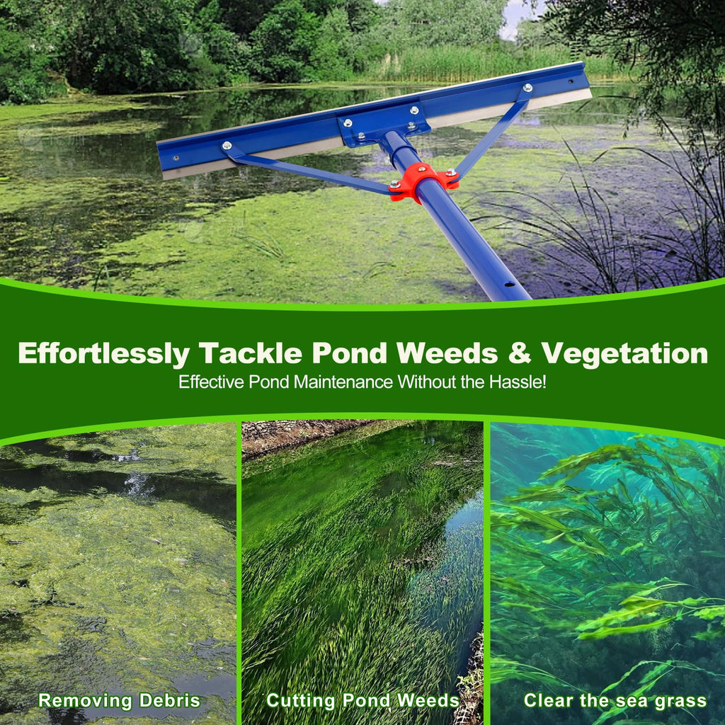 Tough Weed Removal Tool,Weed Cutter ,24" Weed Killer , Aquatic Plant Cutting Tool,11 Foot Three Sections Aluminium Handle ,Aquatic rake with Stainless Steel Blades Shear Cattail, Reed, Lily Pads