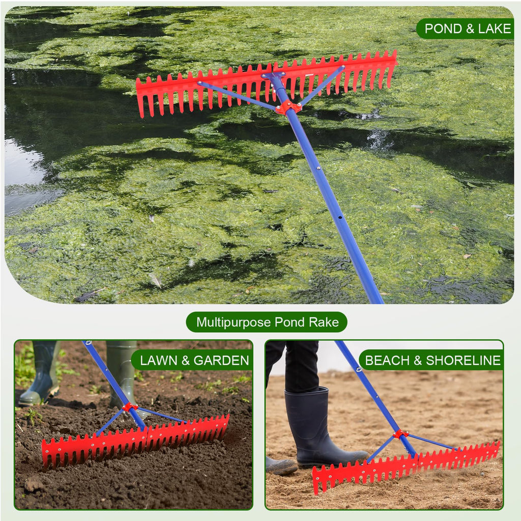 Pond Rake,39 inch Pond Weed rake,Heavy Duty Collapsible Lake Rake, Aquatic Weed Rake with Alloy Tines , Floating Lake for Removal of Weeds Leaves & Floating Scum ,Pond rake for Outdoor Ponds