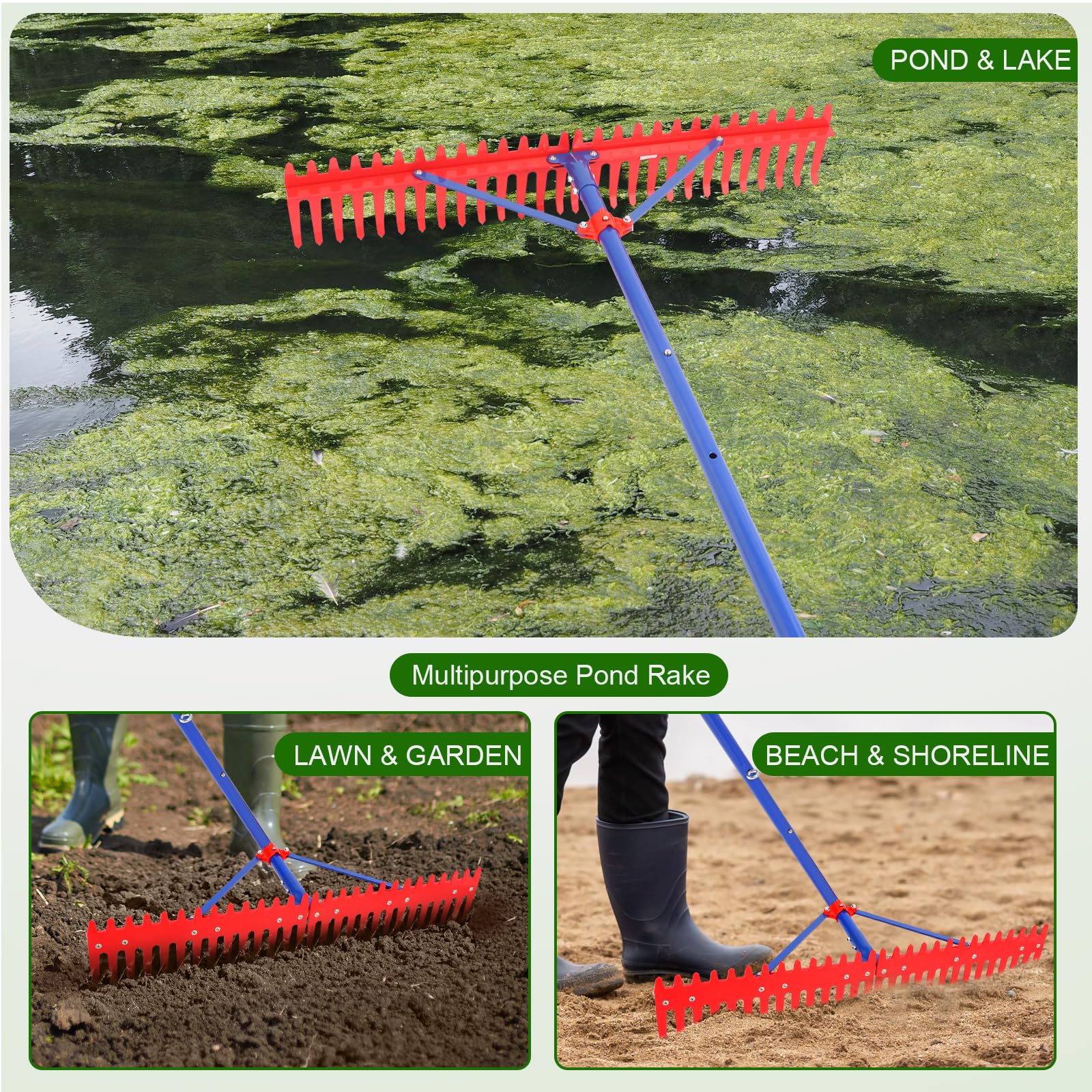 Pond Rake,39 inch Pond Weed rake,Heavy Duty Collapsible Lake Rake, Aquatic Weed Rake with Alloy Tines , Floating Lake for Removal of Weeds Leaves & Floating Scum ,Pond rake for Outdoor Ponds